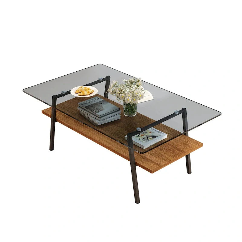 Tempered Glass Coffee Table with Metal Legs and MDF Base