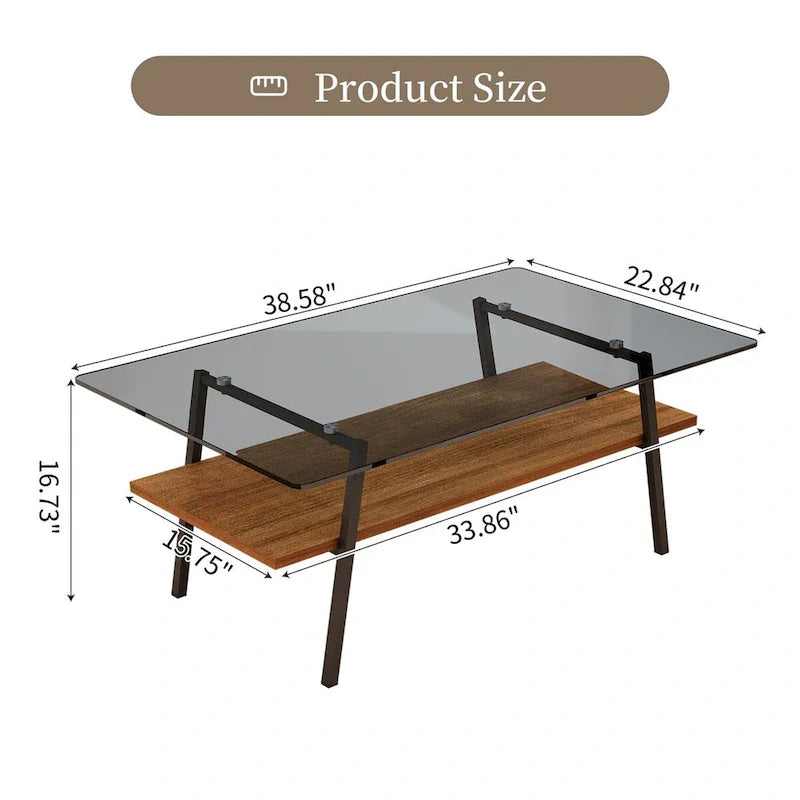 Tempered Glass Coffee Table with Metal Legs and MDF Base