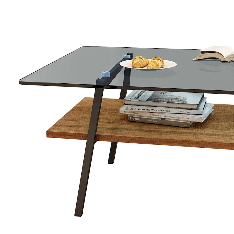 Tempered Glass Coffee Table with Metal Legs and MDF Base