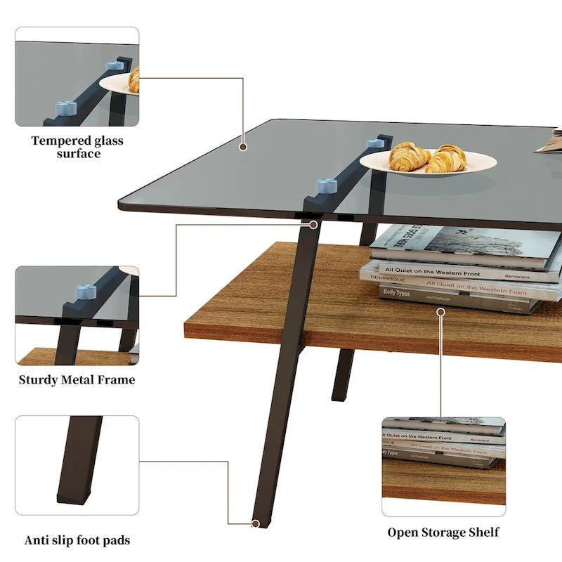 Tempered Glass Coffee Table with Metal Legs and MDF Base