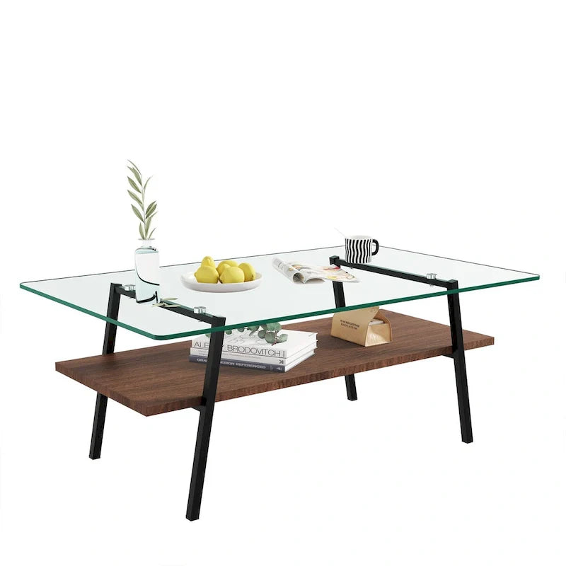 Tempered Glass Coffee Table with Metal Legs and MDF Base