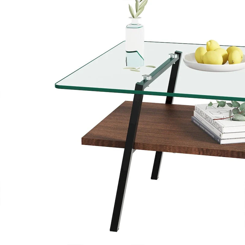 Tempered Glass Coffee Table with Metal Legs and MDF Base