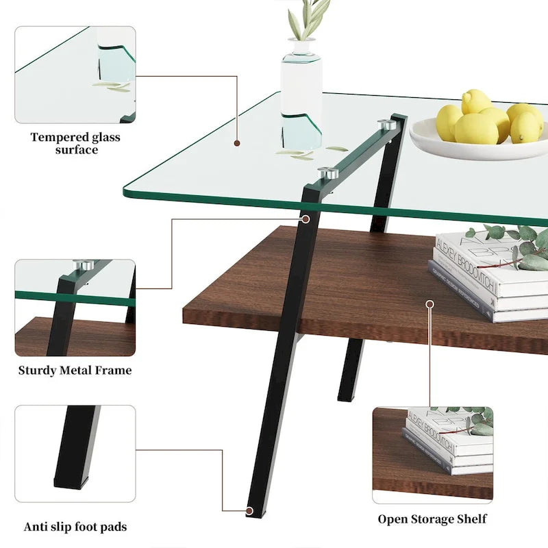 Tempered Glass Coffee Table with Metal Legs and MDF Base