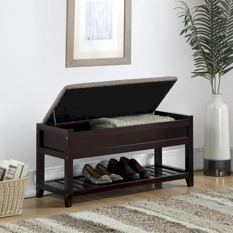 Fabric Seating Wood Bench with Shoe Storage