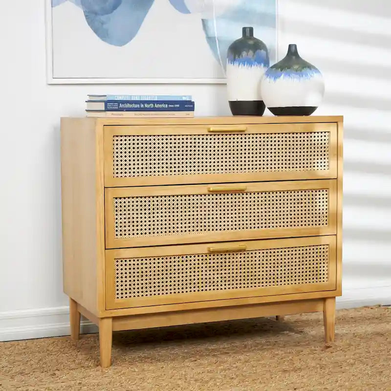 Wood 3 Drawer Cabinet with Cane Front Drawers and Gold Handles - Light Brown or Black - Roche River Decor