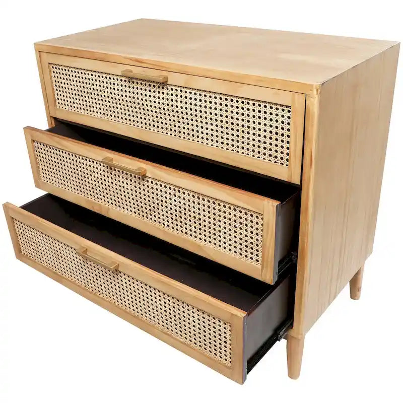 Wood 3 Drawer Cabinet with Cane Front Drawers and Gold Handles - Light Brown or Black - Roche River Decor