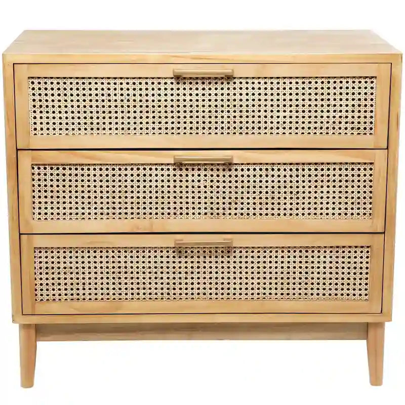 Wood 3 Drawer Cabinet with Cane Front Drawers and Gold Handles - Light Brown or Black - Roche River Decor