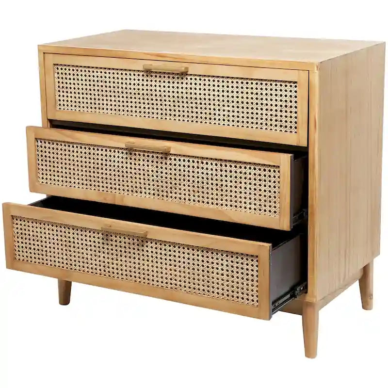 Wood 3 Drawer Cabinet with Cane Front Drawers and Gold Handles - Light Brown or Black - Roche River Decor