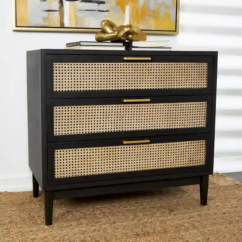 Wood 3 Drawer Cabinet with Cane Front Drawers and Gold Handles - Light Brown or Black - Roche River Decor