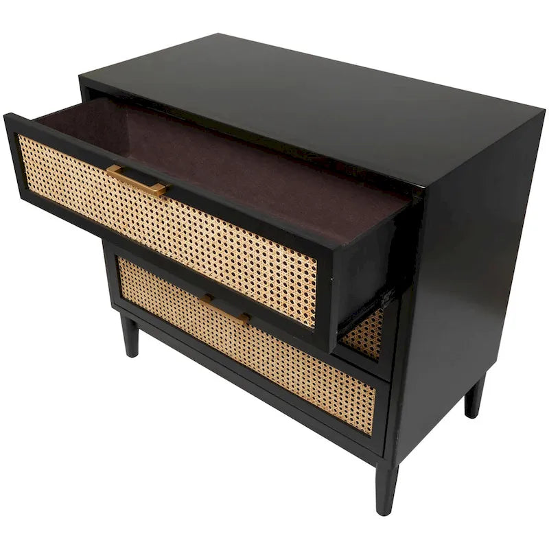 Wood 3 Drawer Cabinet with Cane Front Drawers and Gold Handles - Light Brown or Black - Roche River Decor