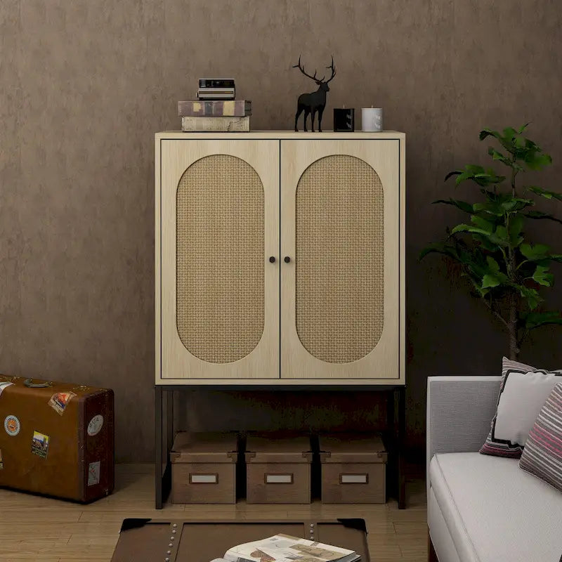 Natural rattan, Allen 2 Door high cabinet, adjustable shelf, Easy Assembly, Free Standing Cabinet for Living Room Bedroom