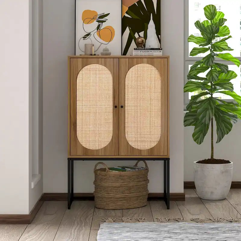 Natural rattan, Allen 2 Door high cabinet, adjustable shelf, Easy Assembly, Free Standing Cabinet for Living Room Bedroom