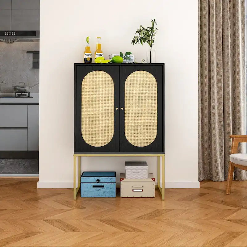 Natural rattan, Allen 2 Door high cabinet, adjustable shelf, Easy Assembly, Free Standing Cabinet for Living Room Bedroom