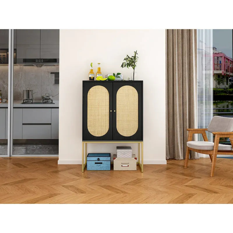 Natural rattan, Allen 2 Door high cabinet, adjustable shelf, Easy Assembly, Free Standing Cabinet for Living Room Bedroom