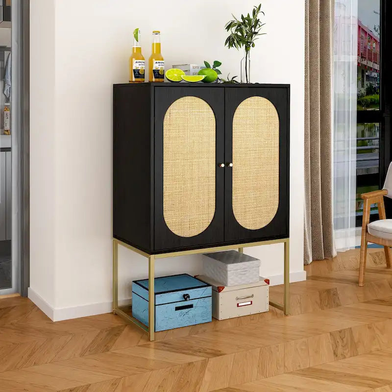 Natural rattan, Allen 2 Door high cabinet, adjustable shelf, Easy Assembly, Free Standing Cabinet for Living Room Bedroom