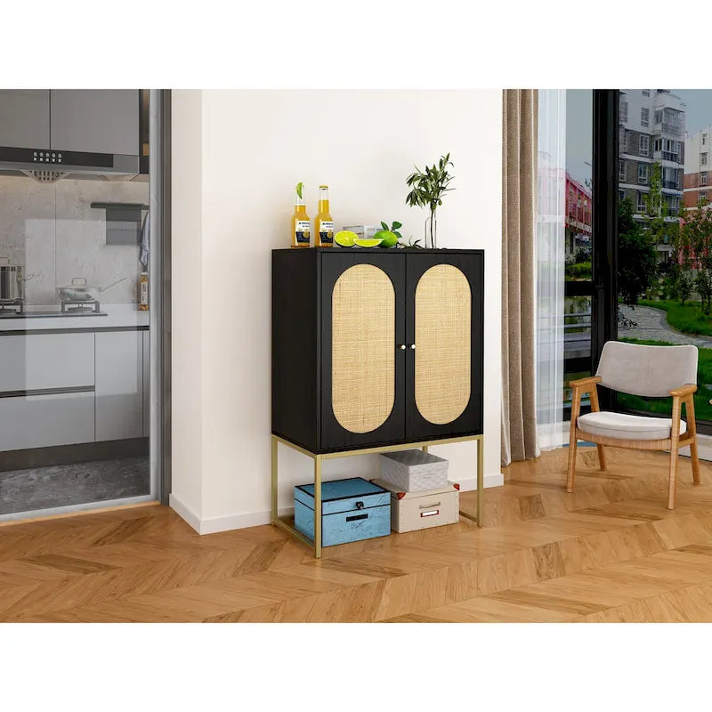 Natural rattan, Allen 2 Door high cabinet, adjustable shelf, Easy Assembly, Free Standing Cabinet for Living Room Bedroom