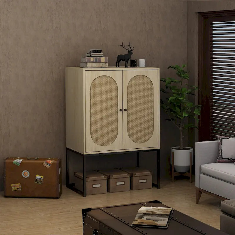 Natural rattan, Allen 2 Door high cabinet, adjustable shelf, Easy Assembly, Free Standing Cabinet for Living Room Bedroom