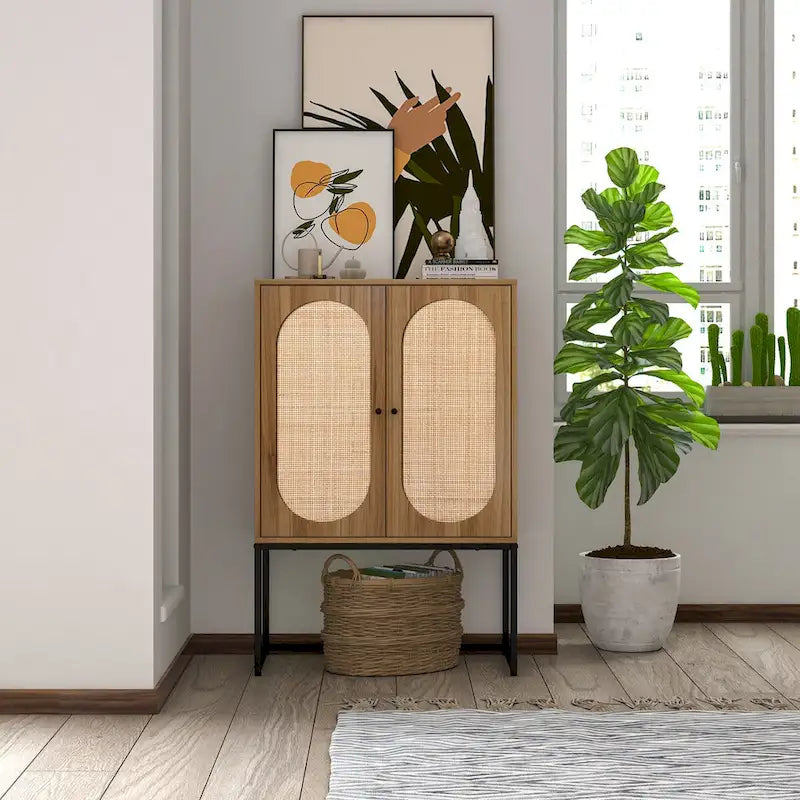 Natural rattan, Allen 2 Door high cabinet, adjustable shelf, Easy Assembly, Free Standing Cabinet for Living Room Bedroom