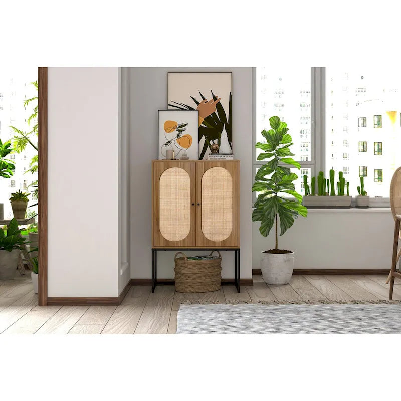 Natural rattan, Allen 2 Door high cabinet, adjustable shelf, Easy Assembly, Free Standing Cabinet for Living Room Bedroom