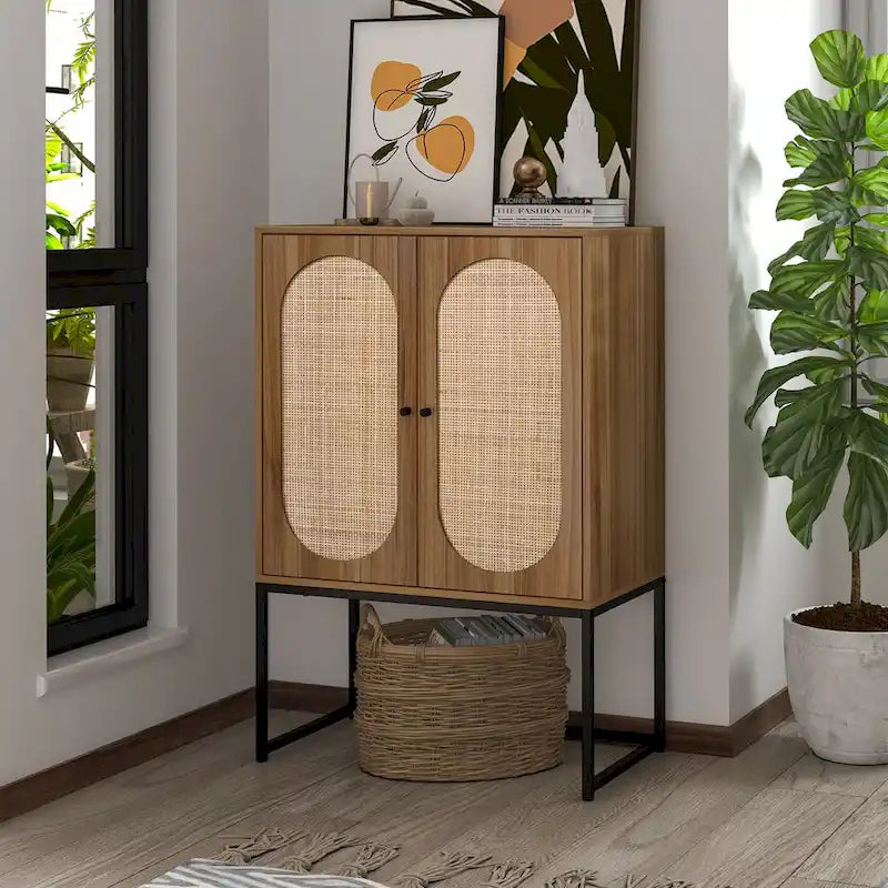 Natural rattan, Allen 2 Door high cabinet, adjustable shelf, Easy Assembly, Free Standing Cabinet for Living Room Bedroom