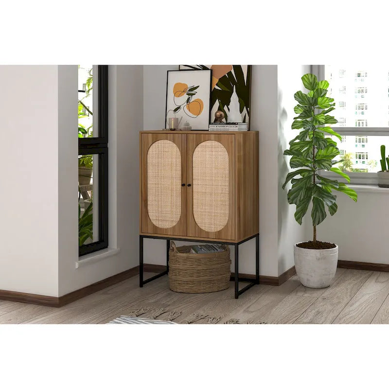 Natural rattan, Allen 2 Door high cabinet, adjustable shelf, Easy Assembly, Free Standing Cabinet for Living Room Bedroom