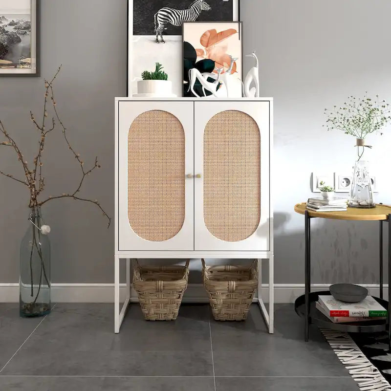Natural rattan, Allen 2 Door high cabinet, adjustable shelf, Easy Assembly, Free Standing Cabinet for Living Room Bedroom