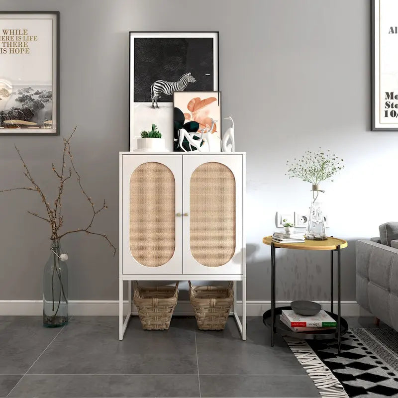 Natural rattan, Allen 2 Door high cabinet, adjustable shelf, Easy Assembly, Free Standing Cabinet for Living Room Bedroom