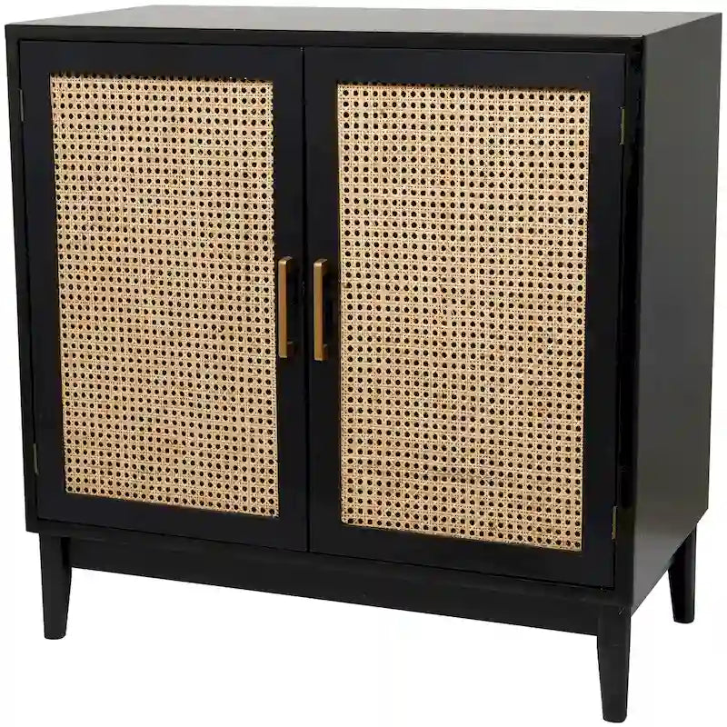 Wood 1 Shelf and 2 Door Cabinet with Cane Front Doors and Gold Handles - Light Brown or or Black - Roche River Decor