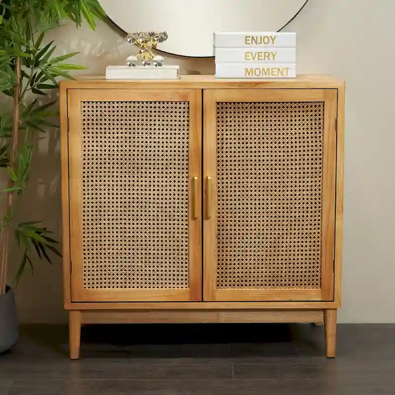 Wood 1 Shelf and 2 Door Cabinet with Cane Front Doors and Gold Handles - Light Brown or or Black - Roche River Decor