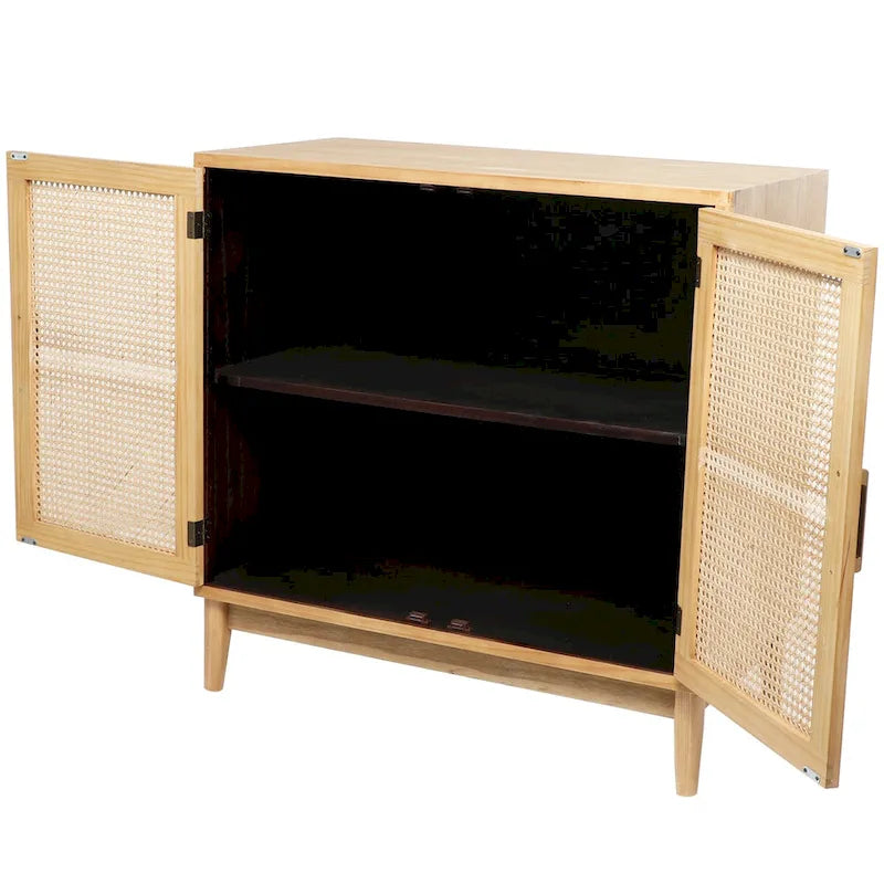 Wood 1 Shelf and 2 Door Cabinet with Cane Front Doors and Gold Handles - Light Brown or or Black - Roche River Decor