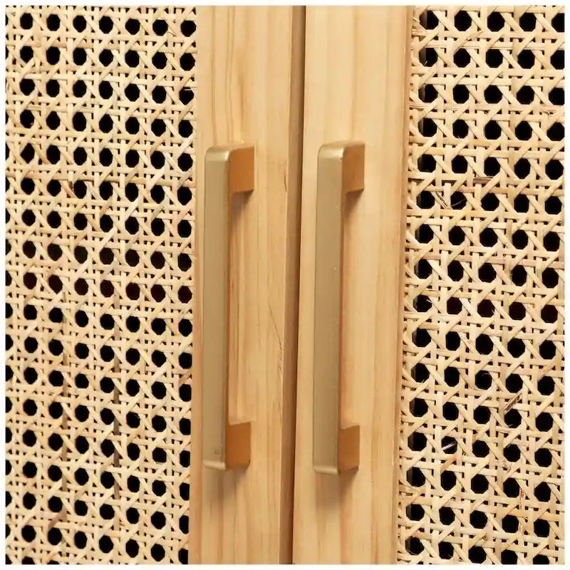 Wood 1 Shelf and 2 Door Cabinet with Cane Front Doors and Gold Handles - Light Brown or or Black - Roche River Decor