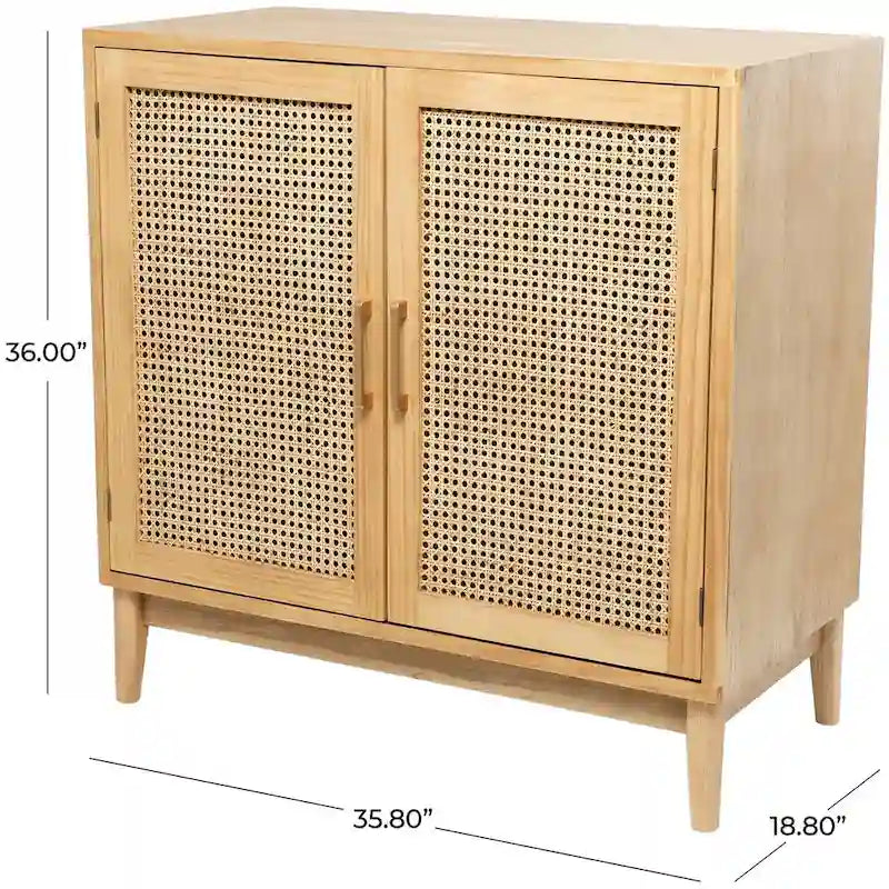 Wood 1 Shelf and 2 Door Cabinet with Cane Front Doors and Gold Handles - Light Brown or or Black - Roche River Decor