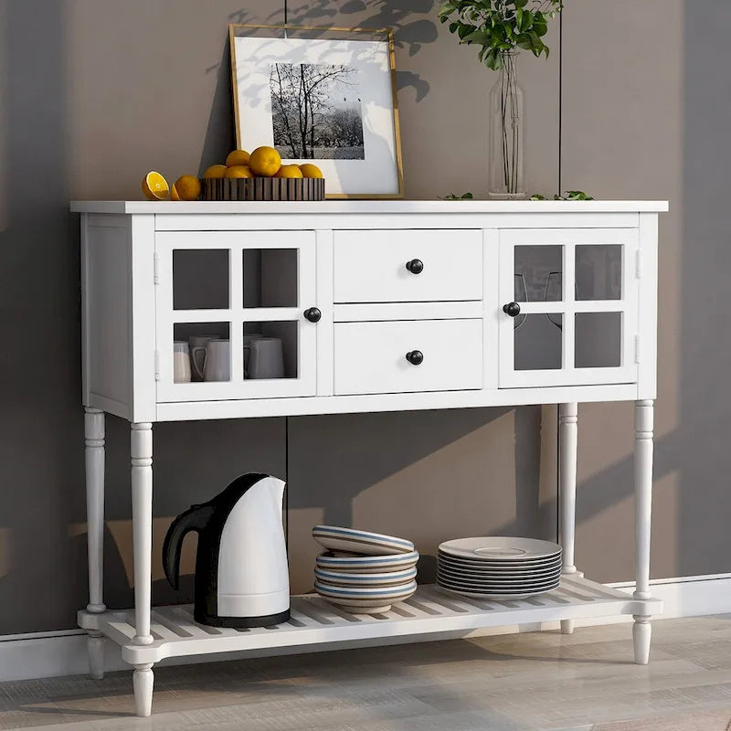 Sideboard Console Table with Bottom Shelf and Farmhouse Wood/Glass Buffet Storage Cabinet - 42L x 14W x 34.2H