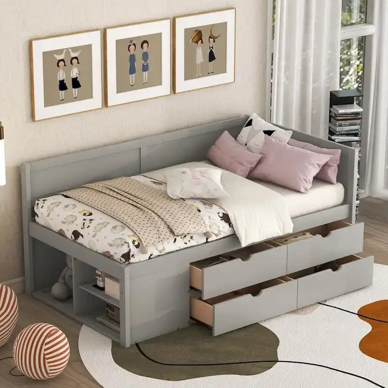 Daybed with Storage Drawers and Bookcase Shelves