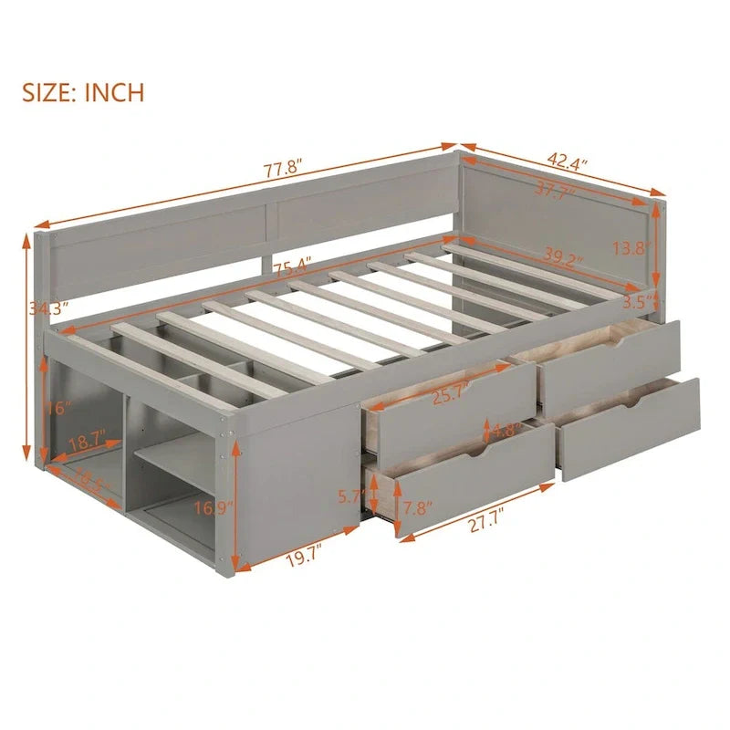 Daybed with Storage Drawers and Bookcase Shelves