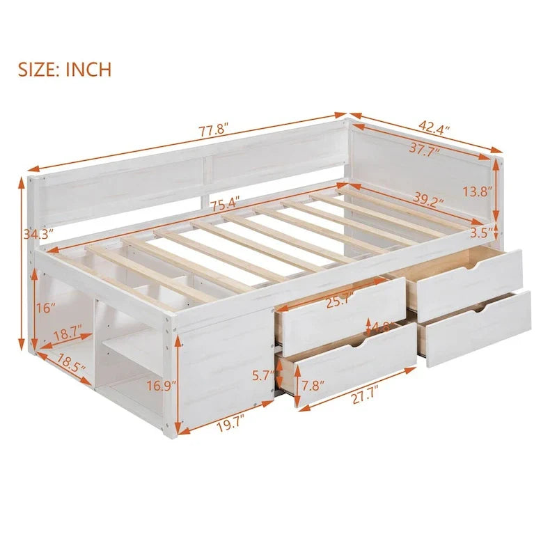 Daybed with Storage Drawers and Bookcase Shelves