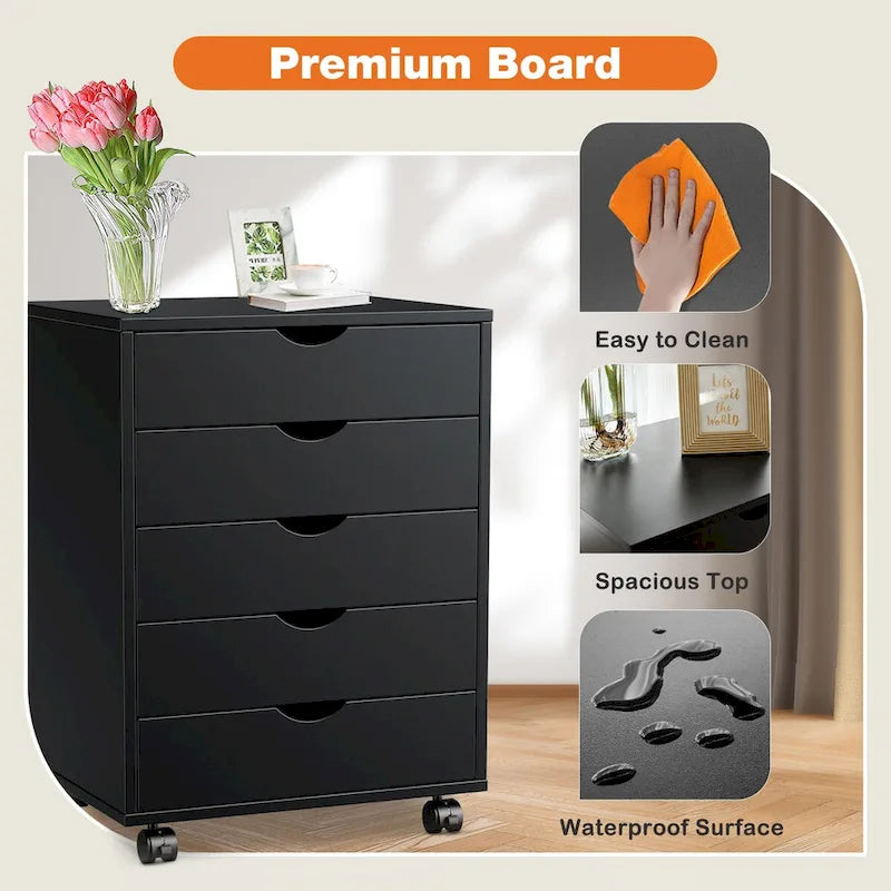 5 Drawer Chest - Storage Cabinets Dressers Wood Dresser Cabinet with Wheels Mobile Organizer Drawers for Office