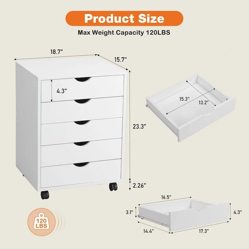 5 Drawer Chest - Storage Cabinets Dressers Wood Dresser Cabinet with Wheels Mobile Organizer Drawers for Office