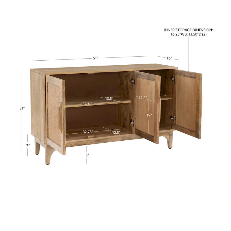 Spence Natural Mango Wood Cane 3-Door Cabinet