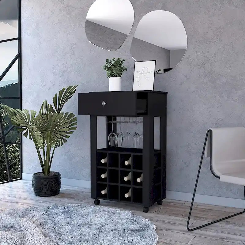 Bar Cart , Twelve Wine Cubbies, Four Legs, Black Wengue Finish
