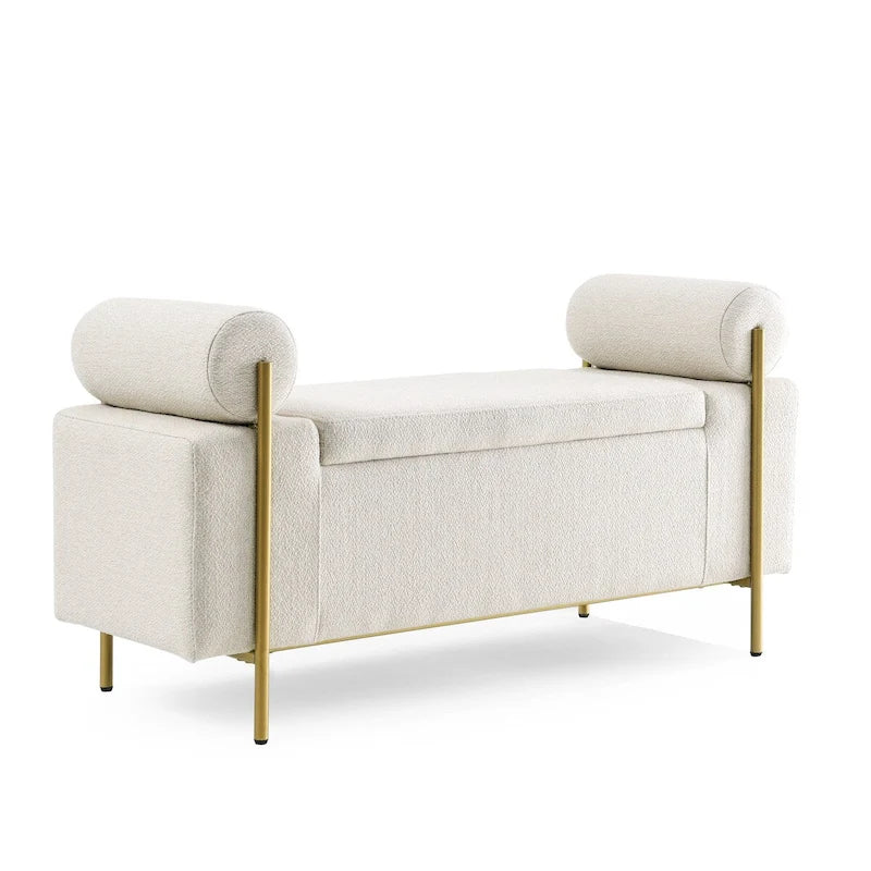 Upholstered Linen Storage Bench with Cylindrical Arms