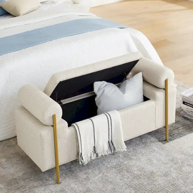 Upholstered Linen Storage Bench with Cylindrical Arms