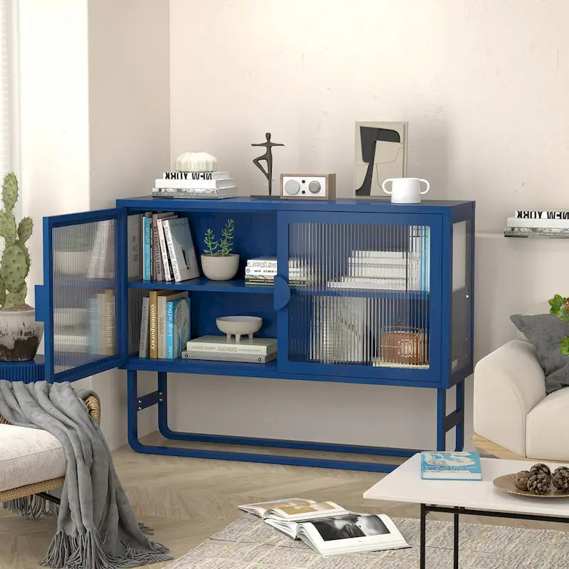 Tempered Glass Cabinet Credenza with 2 Adjustable Shelf U-shaped Leg Anti-Tip Dust-free Enclosed Cupboard for Living Room