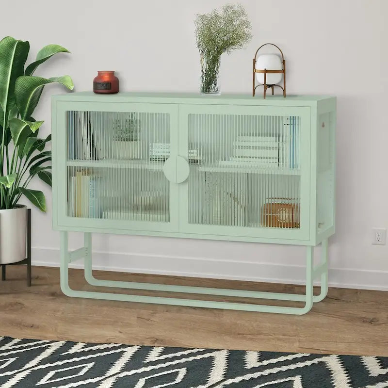 Tempered Glass Cabinet Credenza with 2 Adjustable Shelf U-shaped Leg Anti-Tip Dust-free Enclosed Cupboard for Living Room
