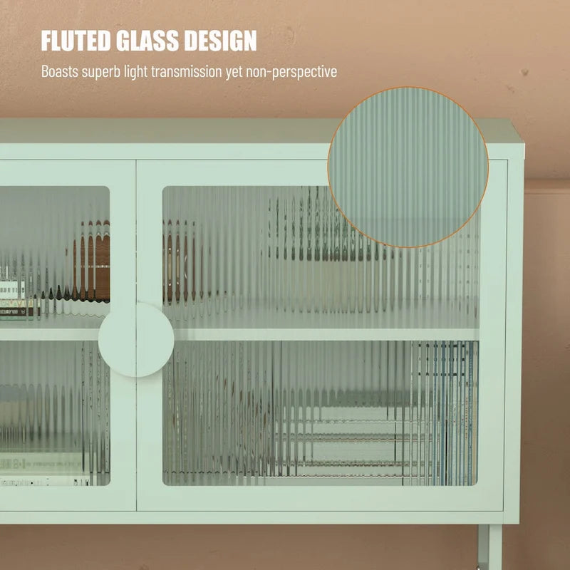 Tempered Glass Cabinet Credenza with 2 Adjustable Shelf U-shaped Leg Anti-Tip Dust-free Enclosed Cupboard for Living Room