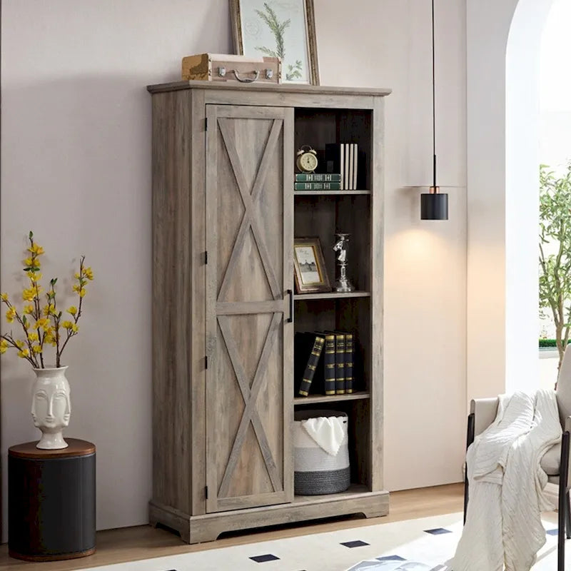 Barn Door Wood Tall Storage Cabinet