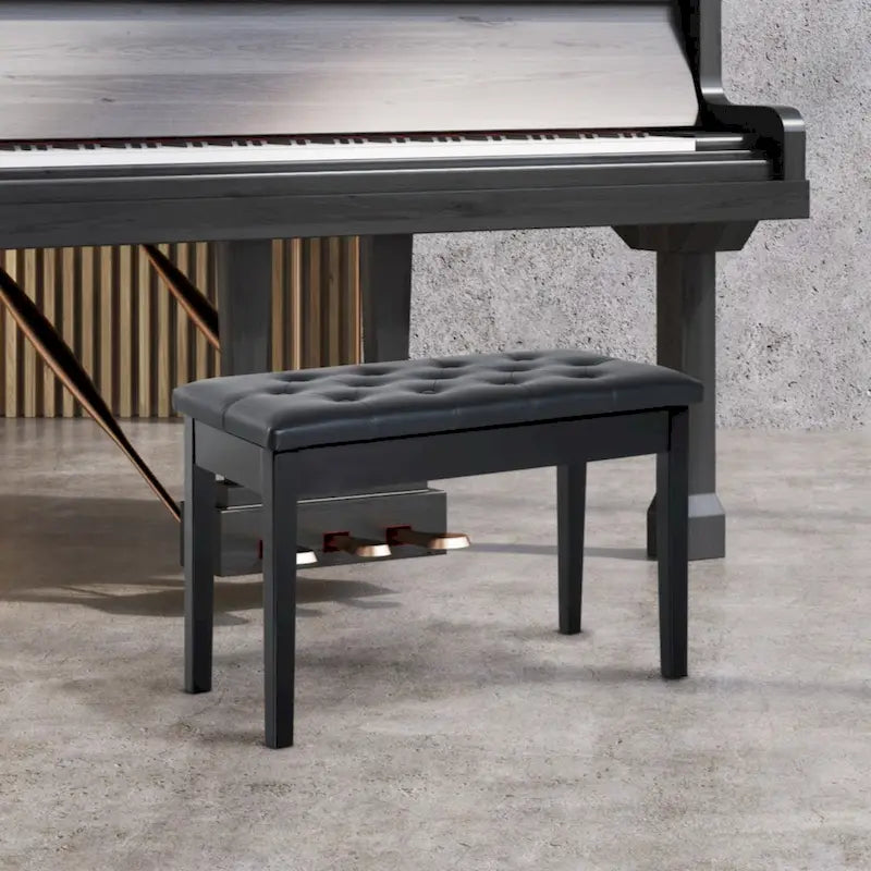 Duet Piano Chair with Faux Leather Padded Cushion and Wooden Frame, Button Tufted Keyboard Bench, Black