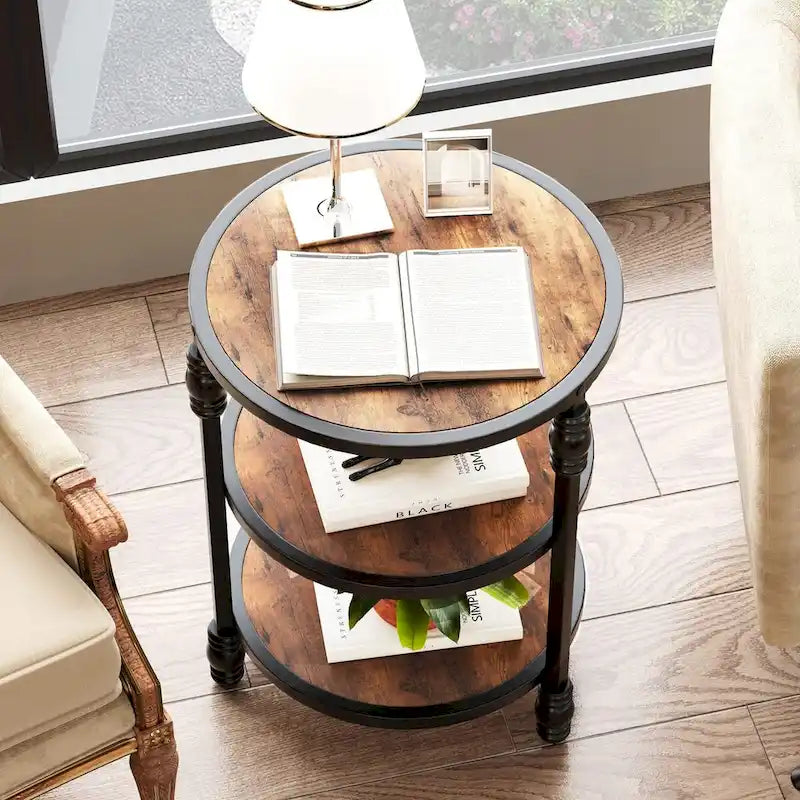 3-Tier Round Side Table with Wood Grain Finish