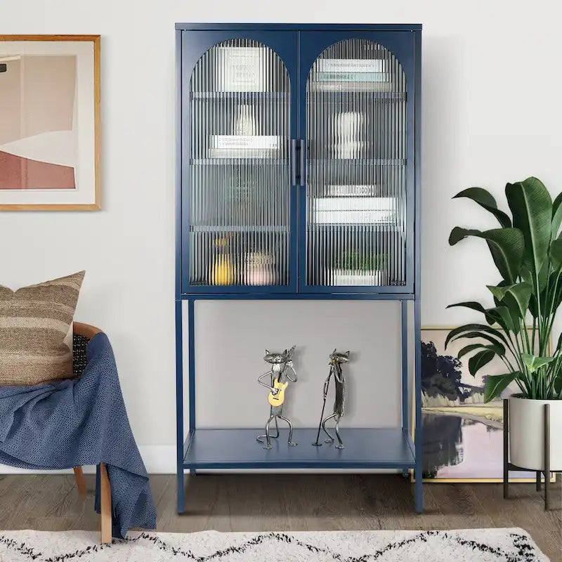 Adjustable Shelves Cabinet with 2 Glass Arched Doors