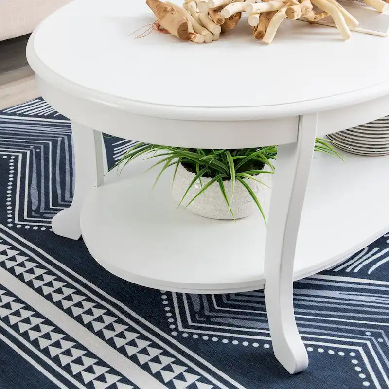 Rustic White Wood Coffee Table with Two Shelves